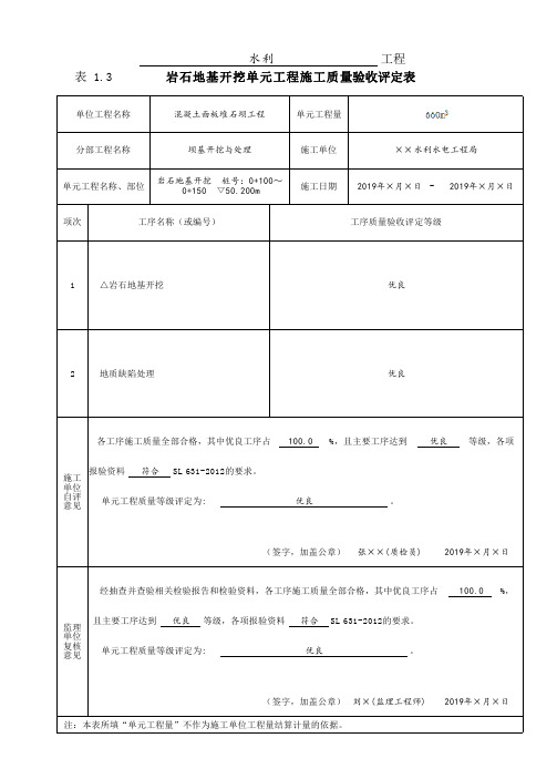 岩石地基开挖单元工程评定表