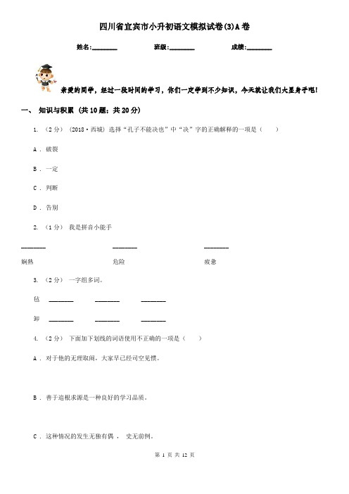 四川省宜宾市小升初语文模拟试卷(3)A卷