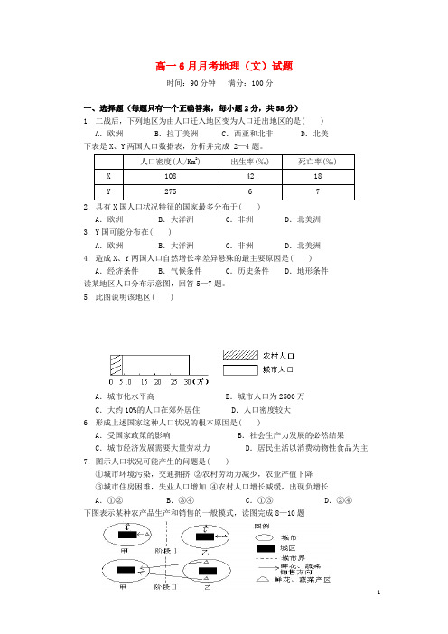 辽宁省沈阳铁路实验中学高一地理6月月考试题 文 新人教版