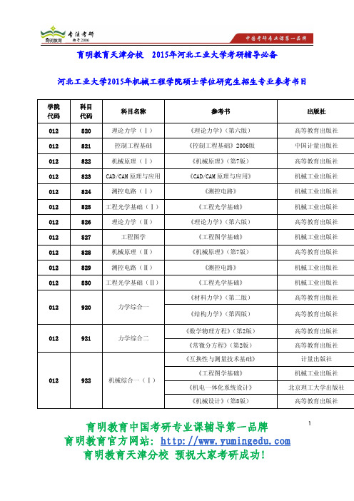 河北工业大学2015年机械工程学院硕士学位研究生招生专业参考书目