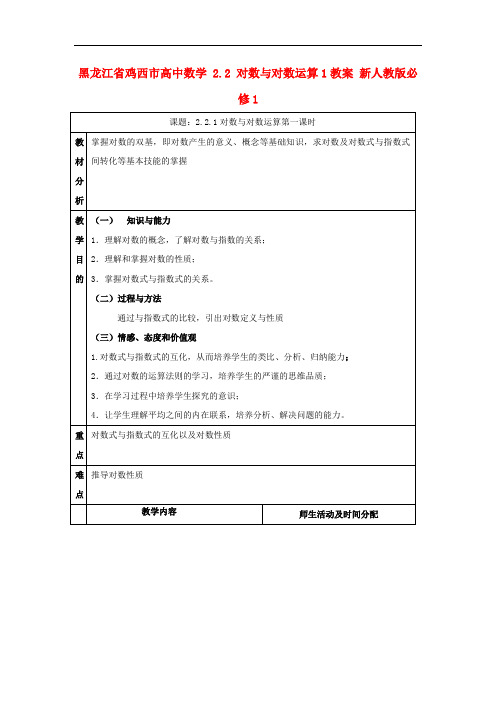 黑龙江省鸡西市高中数学 2.2 对数与对数运算1教案 新人教版必修1