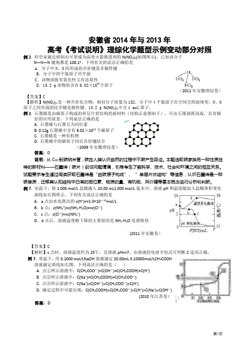 安徽省2014年与2013年高考《考试说明》理综化学题型示例变动部分对照