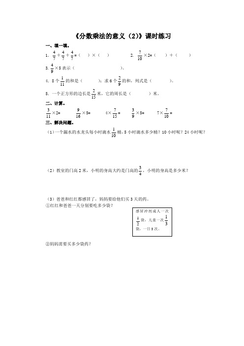 人教版六年级上册数学课时练  1.2  分数乘法的意义(2)