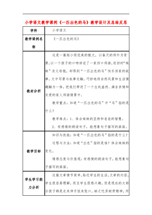 小学语文教学课例《一匹出色的马》教学设计及总结反思