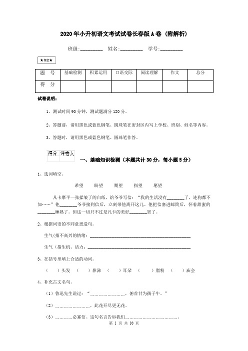 2020年小升初语文考试试卷长春版A卷 (附解析)