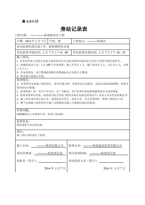 民航专业航管楼塔吊安装及顶升旁站监理记录