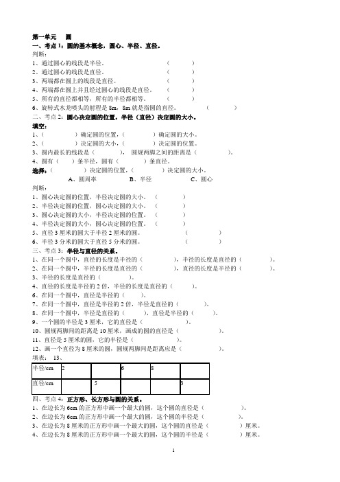 北师大版六年级数学上册第一单元 园 分知识点练习卷