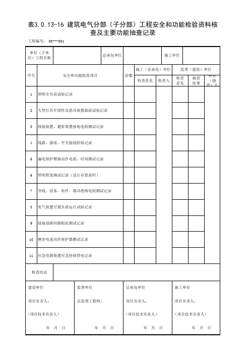 001-表3.0.13-16 建筑电气分部(子分部)工程安全和功能检验资料核查及主要功能抽查记录