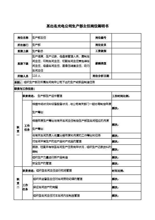 知名光电企业生产部主任岗位专项说明书