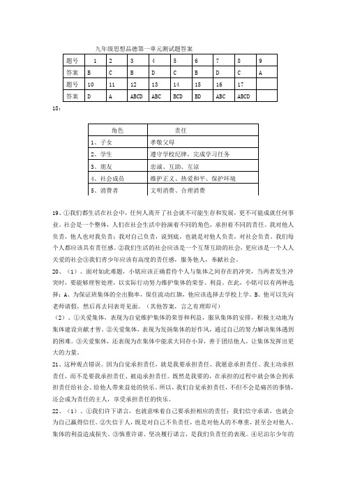 九年级思想品德第一单元测试题答案