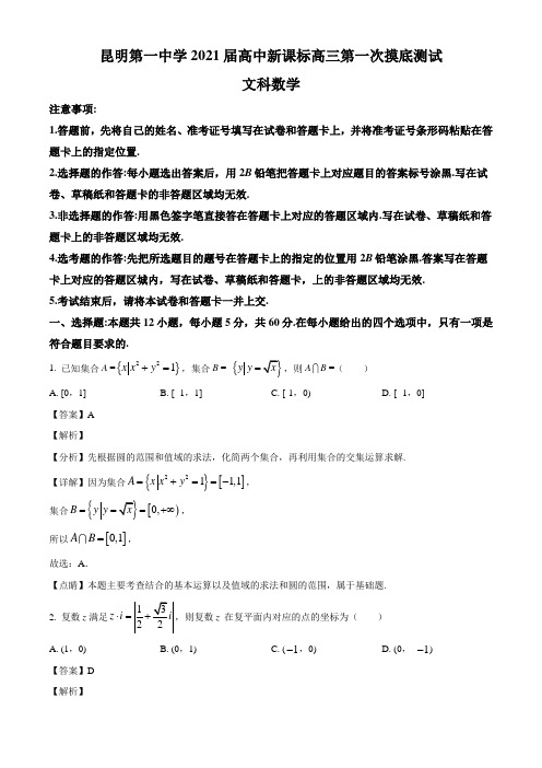 云南昆明一中2021届高三新课标第一次测试数学(文科)试题(含答案解析)