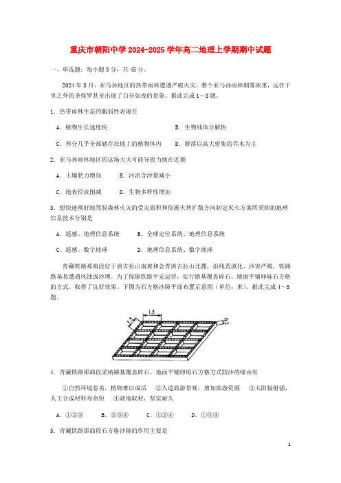 重庆市朝阳中学2024_2025学年高二地理上学期期中试题