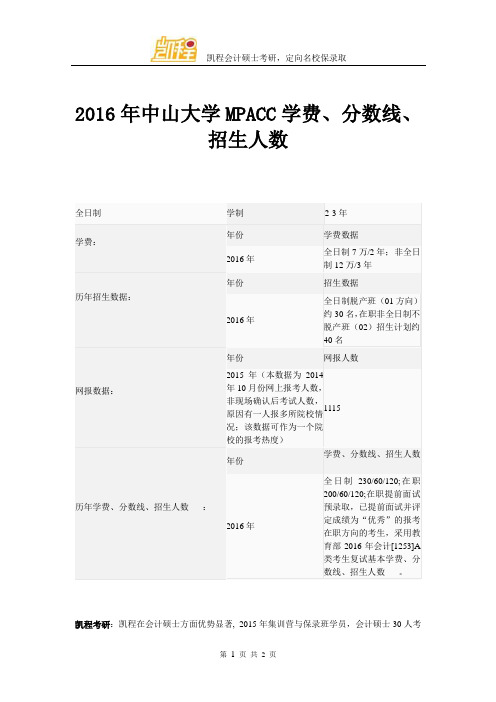 2016年中山大学MPACC学费、分数线、招生人数