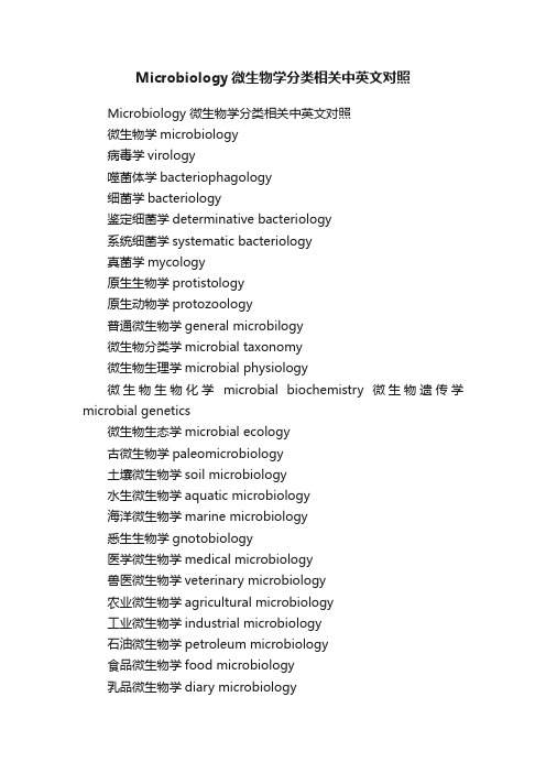 Microbiology微生物学分类相关中英文对照