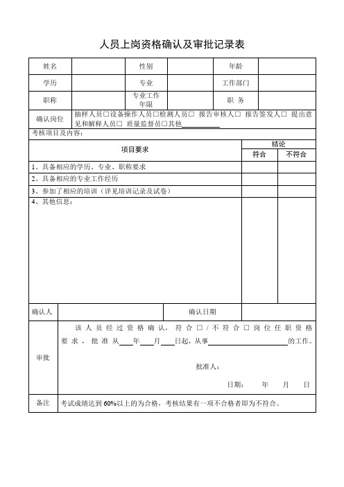 人员上岗资格确认及审批记录表