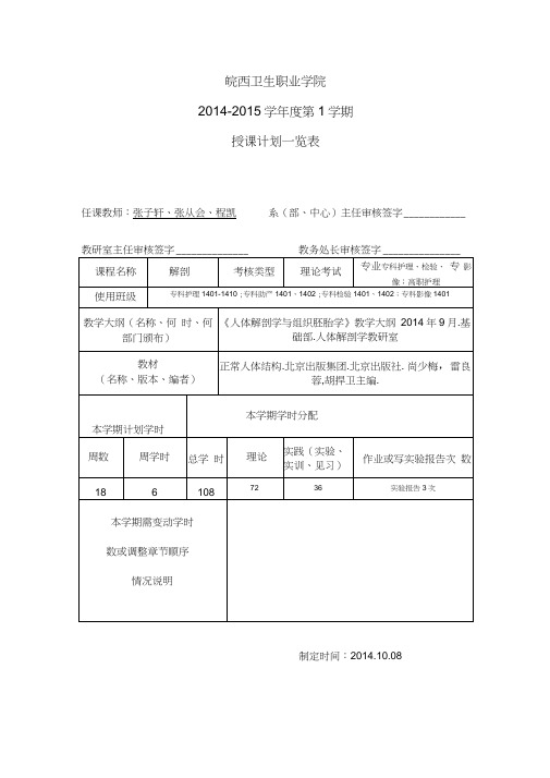 人体解剖学授课计划108课时