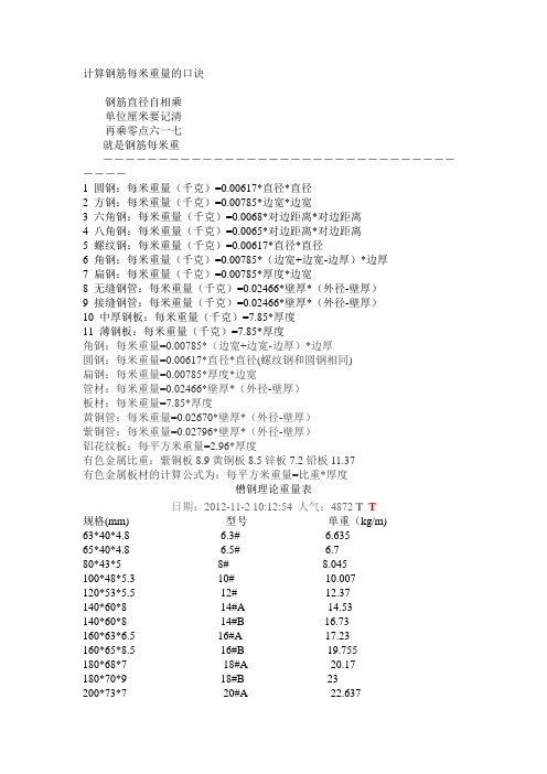 计算钢筋每米重量的口诀