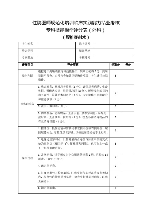 住院医师规范化培训临床实践能力结业考核专科技能操作评分表(外科)腰椎穿刺术