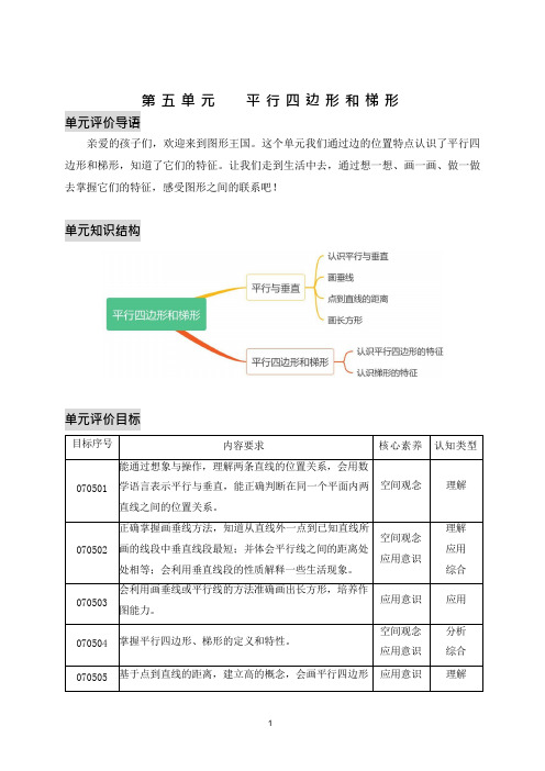 第五单元《平行四边形和梯形》(单元作业设计)四年级上册数学素养进阶结构化单元评价工具人教版