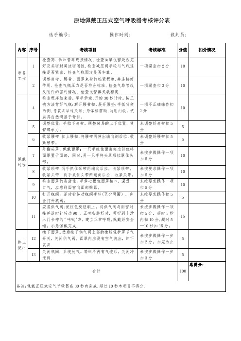 原地佩戴正压式空气呼吸器考核评分表