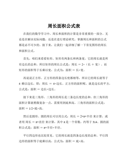 周长面积公式表