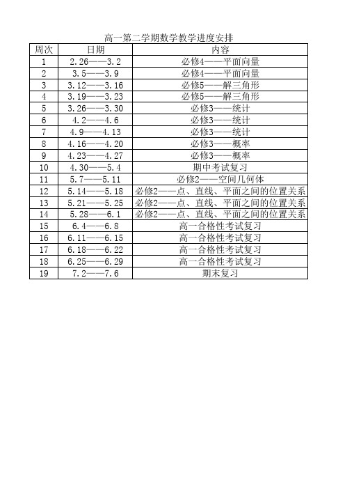 高一下学期数学教学进度安排