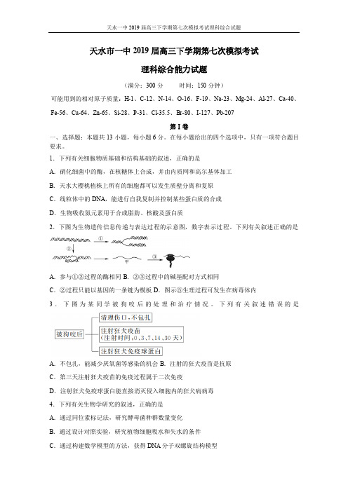 2019届甘肃省天水市一中高三下学期第七次模拟考试理综试题(含答案)