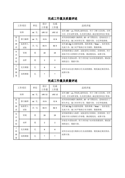 完成工作量及质量评述