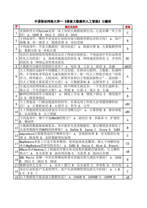 中国移动网络大学--《探索大数据和人工智能》习题库