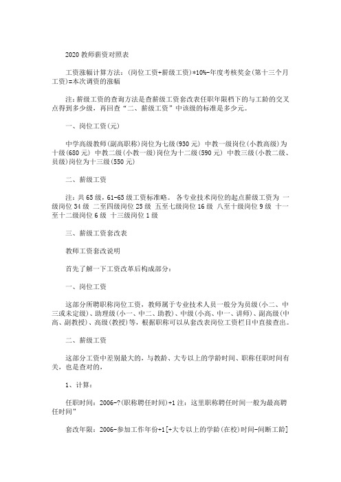 最新2020教师薪资对照表