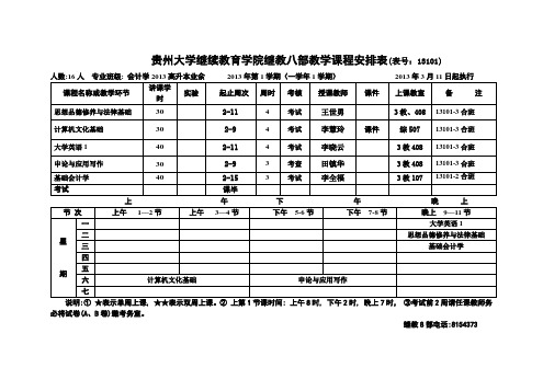 业余13级13年第1学期11个班级课表