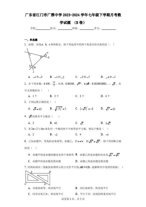 广东省江门市广雅中学2023-2024学年七年级下学期月考数学试题(B卷)