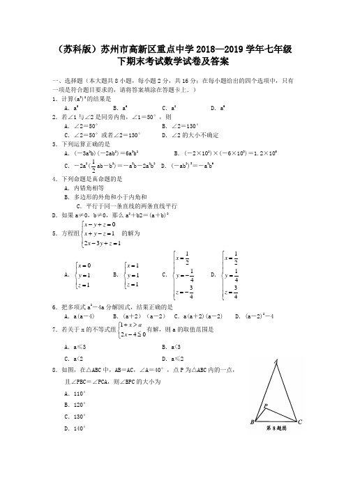 (苏科版)苏州市高新区重点中学2018—2019学年七年级下期末考试数学试卷及答案