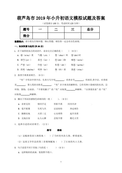 葫芦岛市2019年小升初语文模拟试题及答案