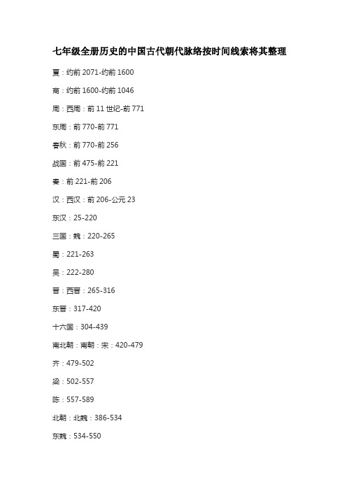 七年级全册历史的中国古代朝代脉络按时间线索将其整理