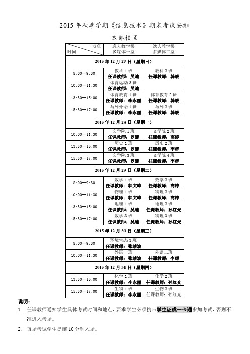 2015年秋季学期《信息技术》期末考试安排