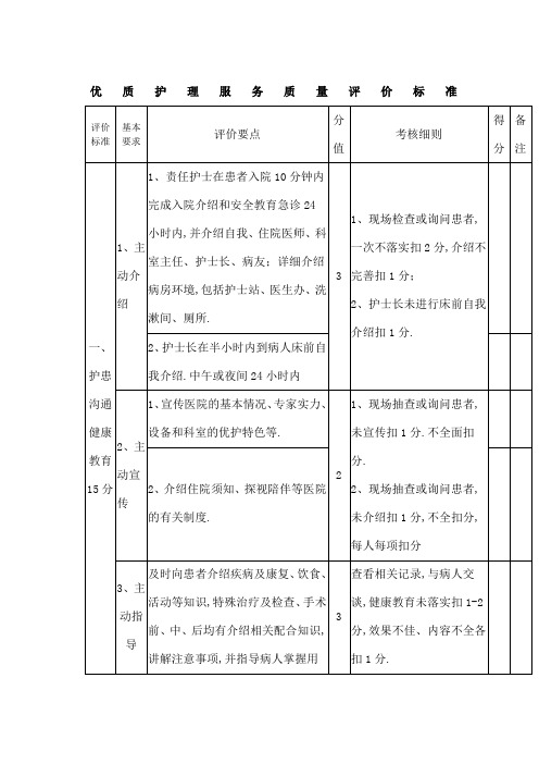 优质护理服务质量评价标准