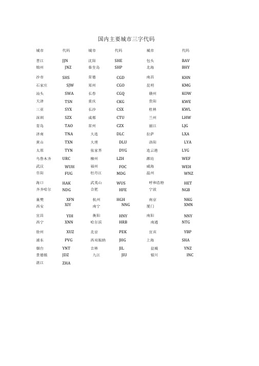 国内主要城市三字代码