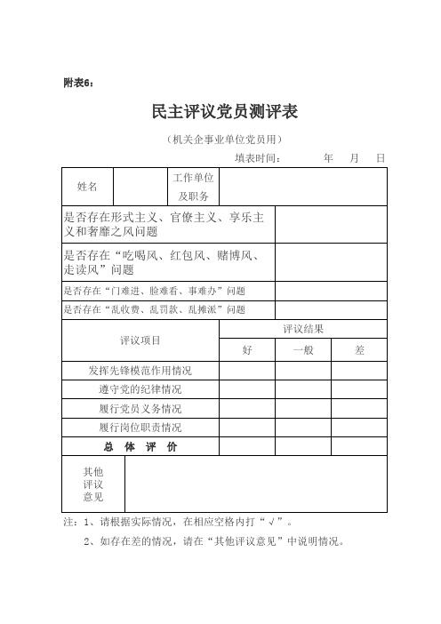 附表6《民主评议党员测评表》(机关企事业单位党员用)