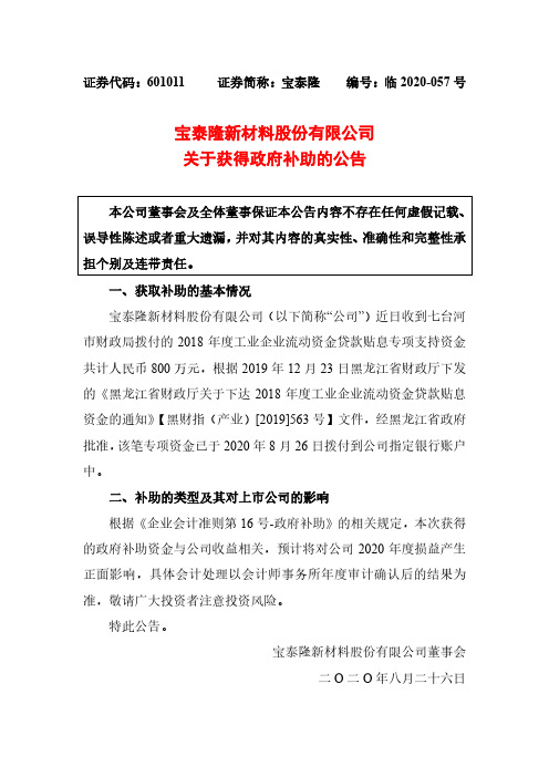 宝泰隆关于获得政府补助的公告