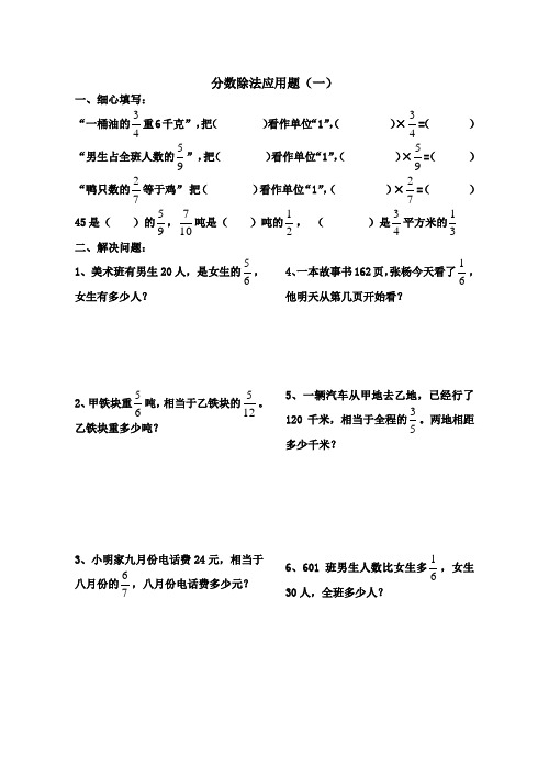 六年级数学分数应用题分类练习