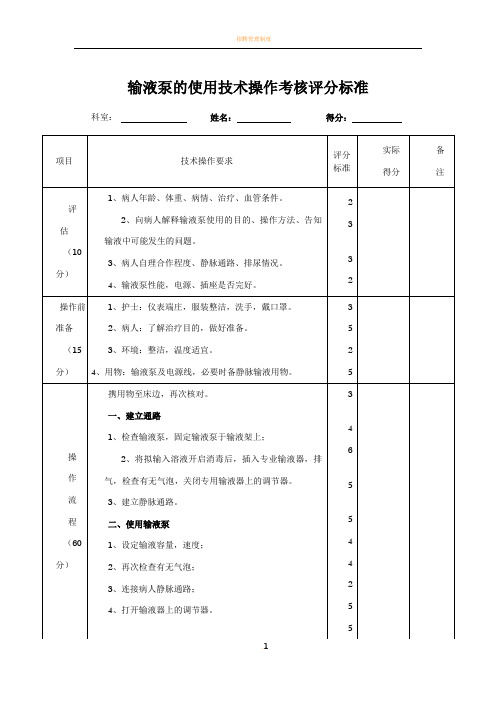 输液泵的使用技术操作考核评分标准