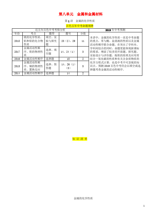 (百色专版)2019届中考化学复习 第1编 教材知识梳理篇 第8单元 金属和金属材料 第1讲 金属的化学性质(精