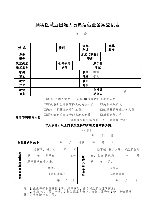 顺德区就业困难人员灵活就业备案登记表