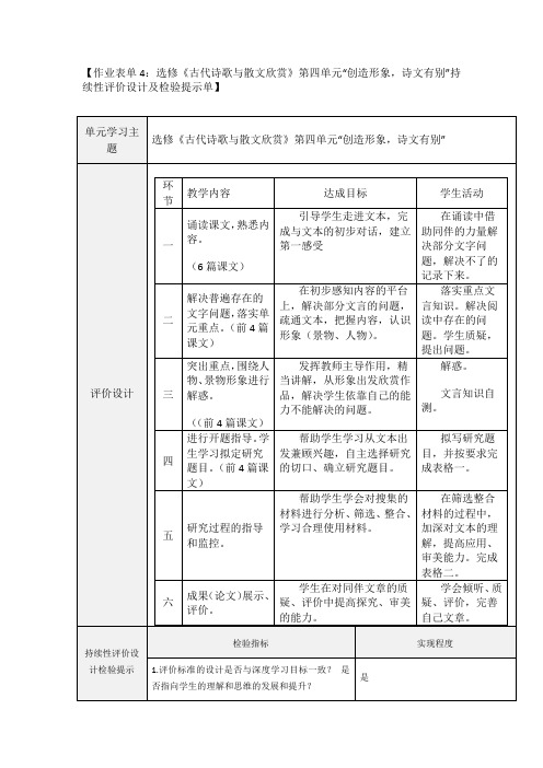 选修《古代诗歌与散文欣赏》第四单元“创造形象,诗文有别”持续性评价设计及检验提示单】