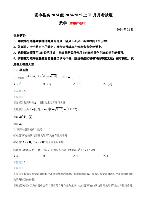 四川省内江市资中县2024-2025学年高一上学期11月期中考试数学试题含答案