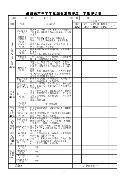 综合素质评定评价表  六张