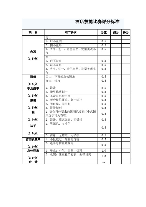 酒店技能比赛评分标准