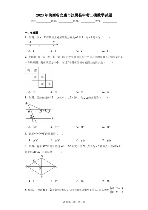 2023年陕西省安康市汉阴县中考二模数学试题