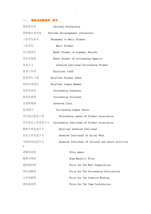 大学各种奖学金、荣誉称号的翻译